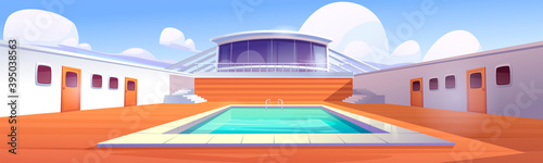 Swimming pool on cruise liner, empty ship deck with wooden floor and door portholes. Modern luxury sailboat in sea or ocean. Passenger vessel with water pond at summer time Cartoon vector illustration © klyaksun