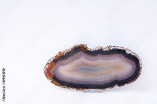 Beautiful slice of striped agate on a white background, with copy space.