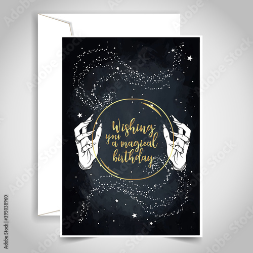 Crystal Ball with female hands with female hands isolated on black. Creepy cute vector illustration. Gothic design, mystic magic symbol, pastel colors. Future telling, Halloween concept.