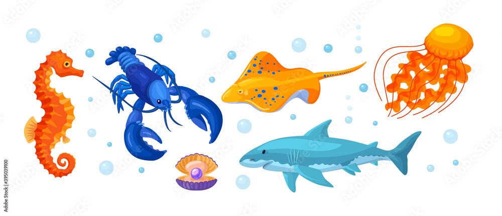 Sea ocean underwater animals. Different sea animals fish of seafood collection seahorse, stingray, shark, killer whale, lobster, jellyfish, dolphin, pearl clam. Sea life, marine animals cartoon