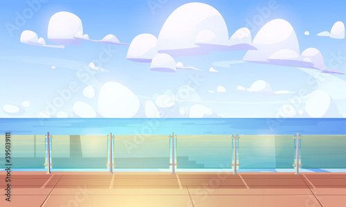 Cruise liner deck or quay with glass baluster, empty ship with wooden floor and plexiglass fencing. Modern luxury sailboat in sea or ocean. Passenger vessel at summer time, Cartoon vector illustration