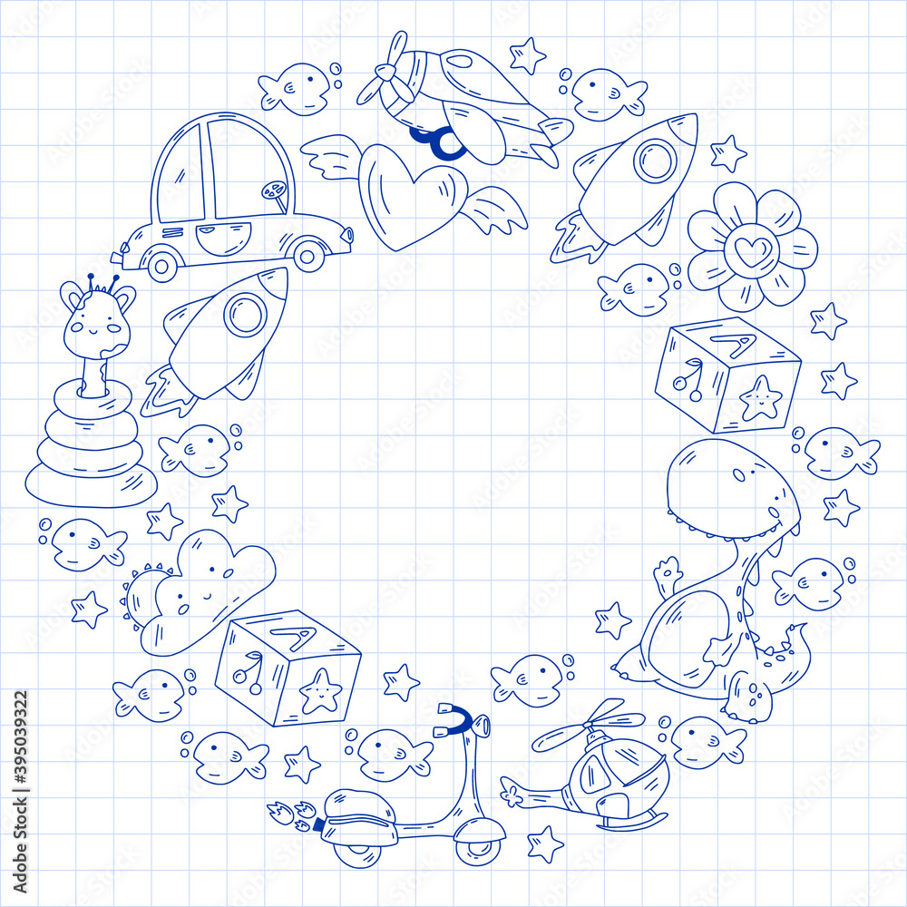 Kindergarten, toys vector pattern. Little children creativity and imagination. Online education, educational games.