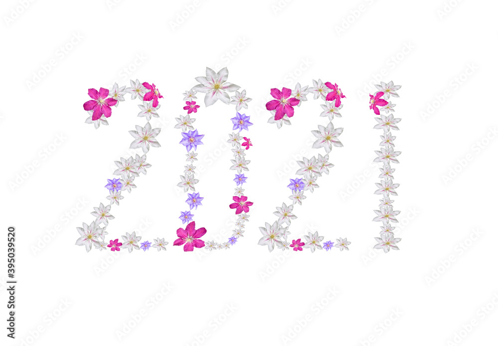 new year 2021 greetings collage made from flowers isolated on white