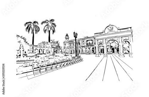 Building view with landmark of Cienfuegosis the 
city of Cuba. Hand drawn sketch illustration in vector.