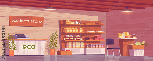 Local eco store empty interior, grocery shop with ecological production on wooden shelves. Dairy products, homemade sausages, bakery and honey, farmer food retail place, Cartoon vector illustration