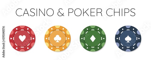 Casino chips for poker or roulette with card suits. Brightly colored elements to design logo, website or background. Vector illustration.