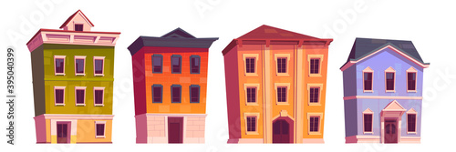 City houses, old buildings for apartments, office or store isolated on white background. Vector cartoon set of urban residential houses, town real estate facades