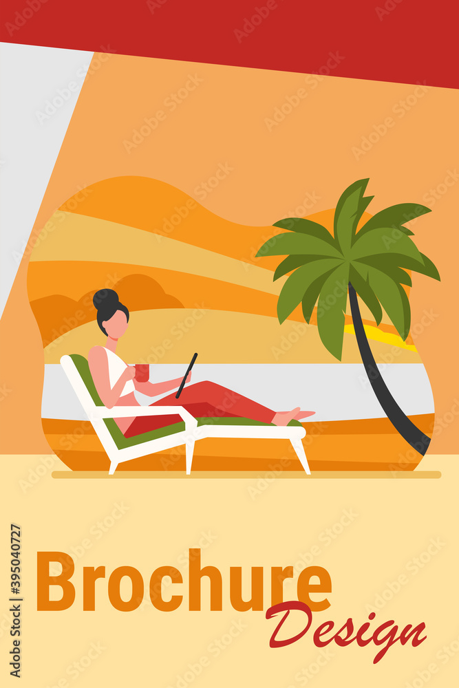 Woman sitting on beach chair by sea. Drinking coffee, using tablet, tropical resort flat vector illustration. Freelance, vacation, communication concept for banner, website design or landing web page