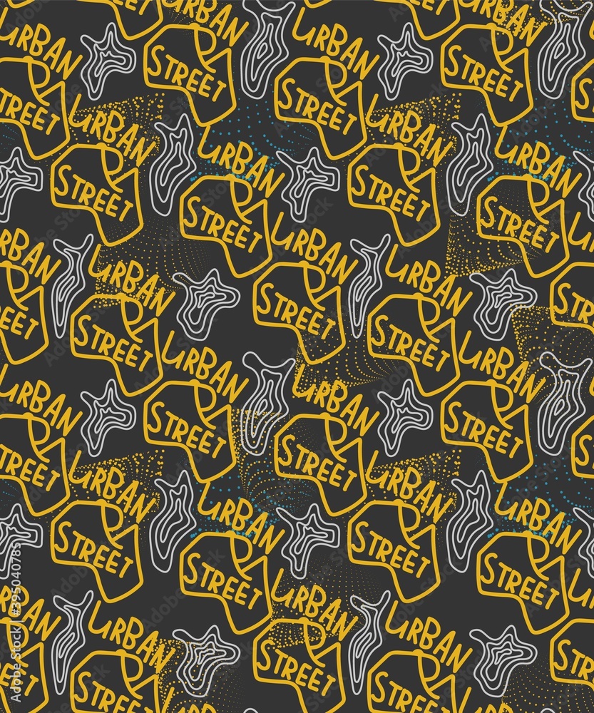 Obraz premium Seamless pattern with hand drawn text urban street style with wave shapes, lines.