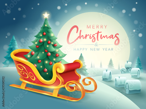 Merry Christmas Greeting Card. Santa Claus sleigh with Christmas tree and small village on horizontal winter landscape background. 