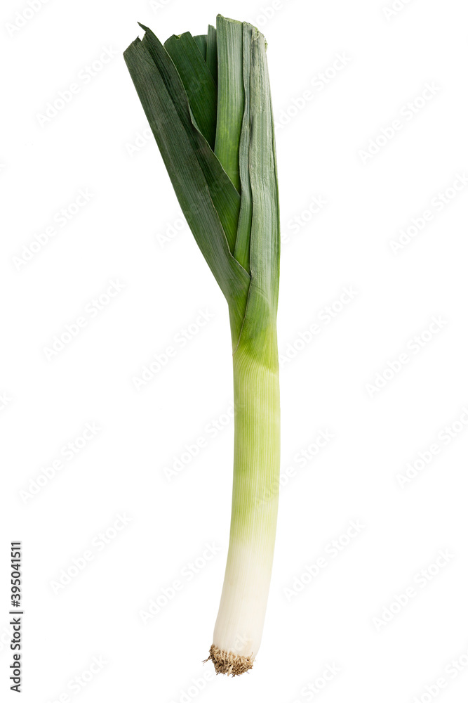 uicy leeks on an isolated white background. Healthy food and vitamins. Vertical. uicy leeks on an isolated white background. Healthy food and vitamins. Vertical.