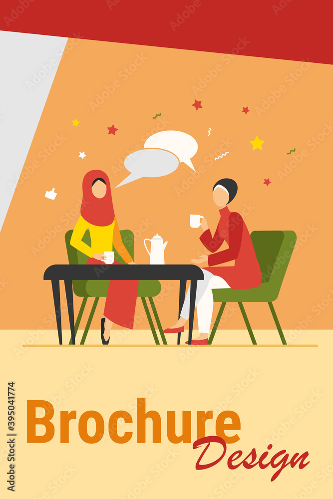 Muslim women meeting in Arabic coffee shop. Female friends wearing hijab drinking coffee flat vector illustration. Friendship, communication concept for banner, website design or landing web page