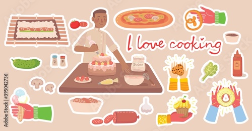Young boy cooking in kitchen at home. Cooking stickers vector concept icons