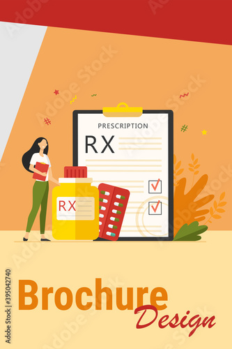 Tiny pharmacist standing near RX prescription flat vector illustration. Cartoon pharmaceutical specialist recommending painkillers to patient. Pharmacy and drugs concept