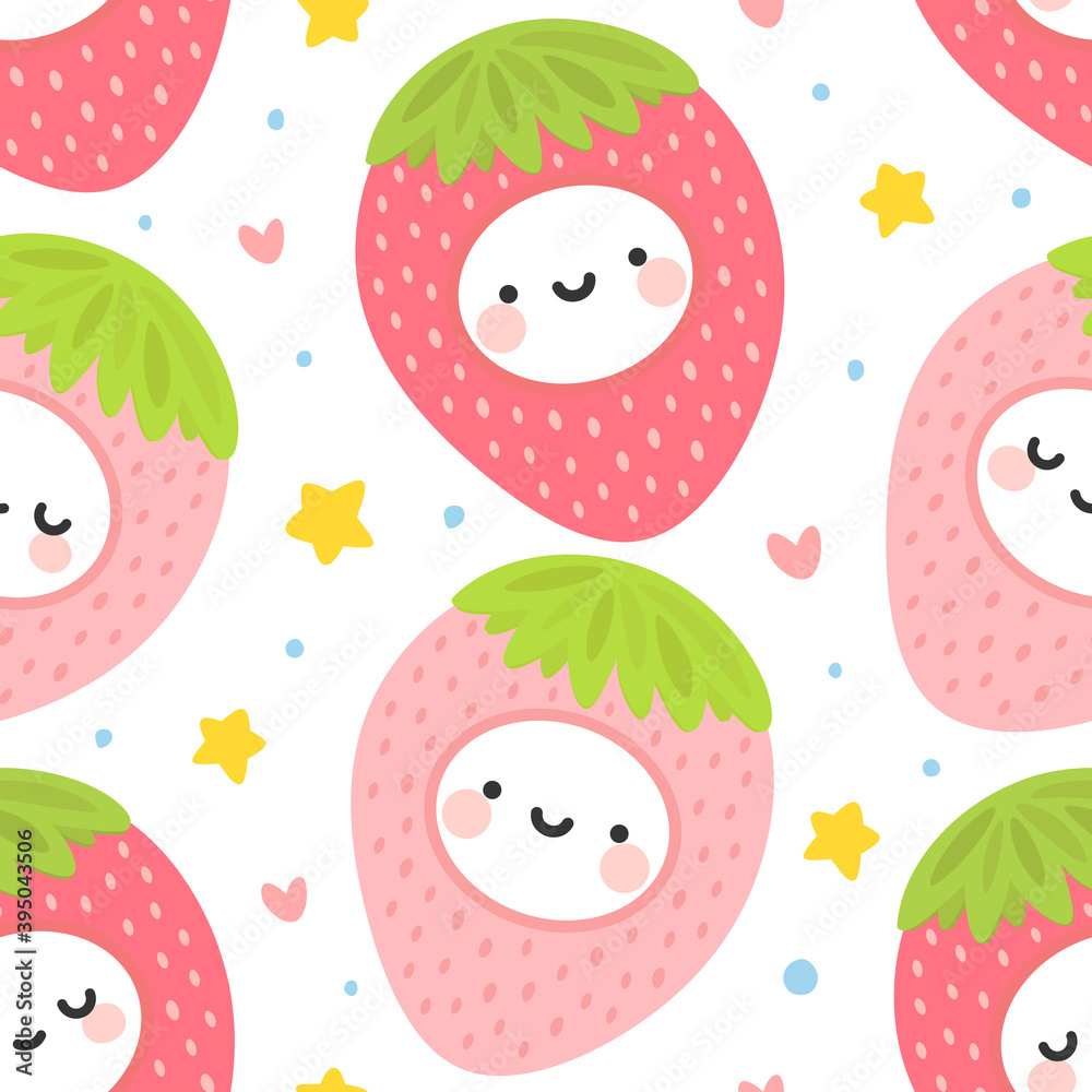 cute face kawaii strawberry pattern, cartoon fruit doodle seamless background with dots, Vector illustration cute face kawaii strawberry pattern, cartoon fruit doodle seamless background with dots, Vector illustration