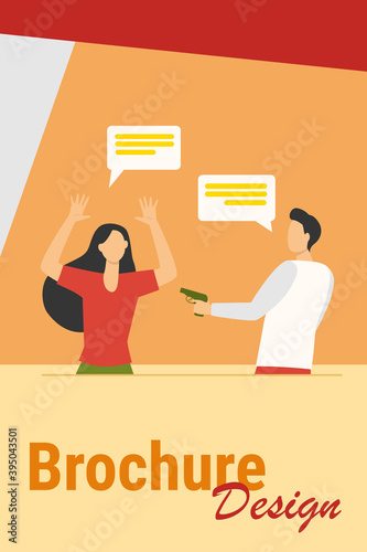 Angry guy threatening scary woman with gun. Speech bubble, weapon, attack flat vector illustration. Violence and crime concept for banner, website design or landing web page