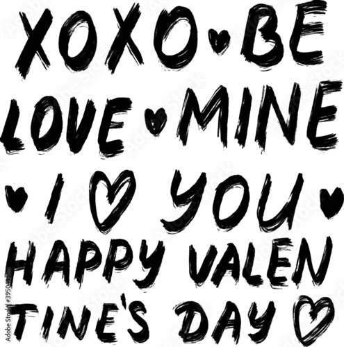 Hand lettering for Valentine s Day with black ink isolated on a white background. A set of phrases about love on February 14. XOXO be mine hearts. Vector