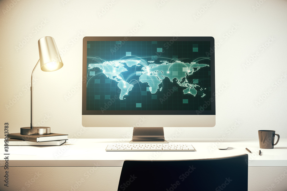 Computer monitor with abstract graphic digital world map with connections, globalization concept. 3D Rendering Computer monitor with abstract graphic digital world map with connections, globalization concept. 3D Rendering