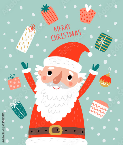 Cute card with Santa and Christmas gifts