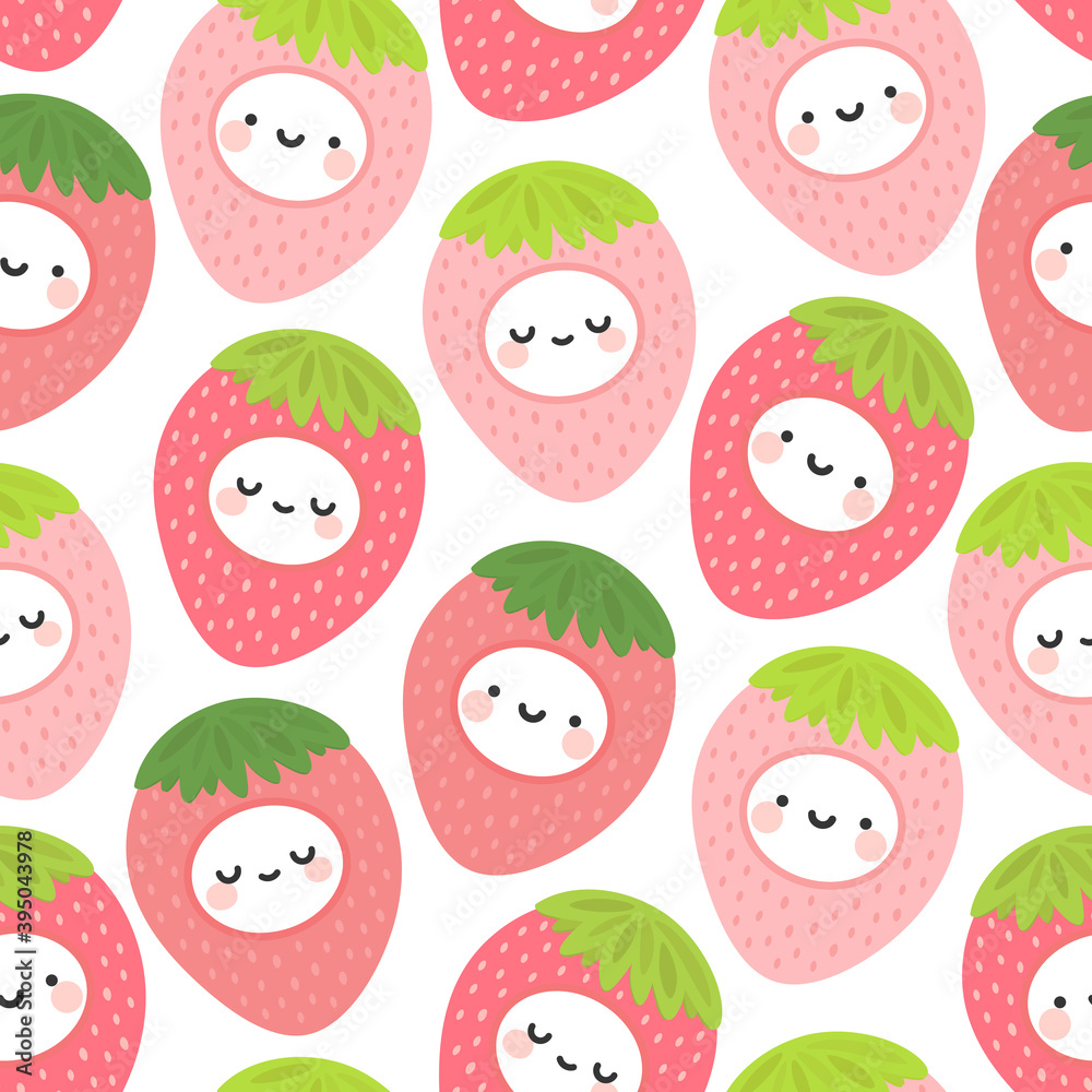 cute face kawaii strawberry pattern, cartoon fruit doodle seamless ...
