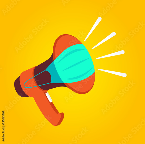 Vector poster megaphone with medical mask. Pandemic risk background vector illustration.