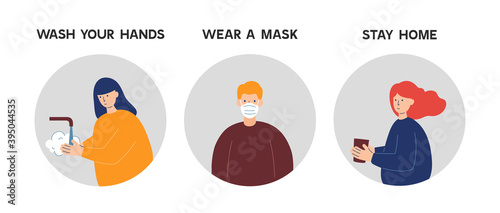 Coronavirus Covid-19 prevention instructions: wash hands, wearing face mask and stay home.