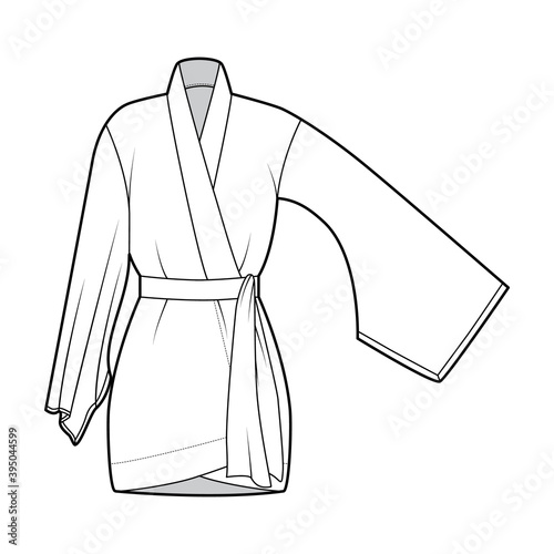 Kimono robe technical fashion illustration with long wide sleeves, belt to cinch the waist, above-the-knee length. Flat apparel blouse template front, white color. Women men unisex CAD shirt mockup