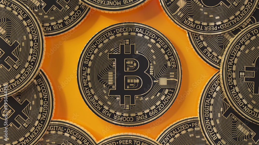 3d rendering of a lot of bitcoins gold and black over orange background