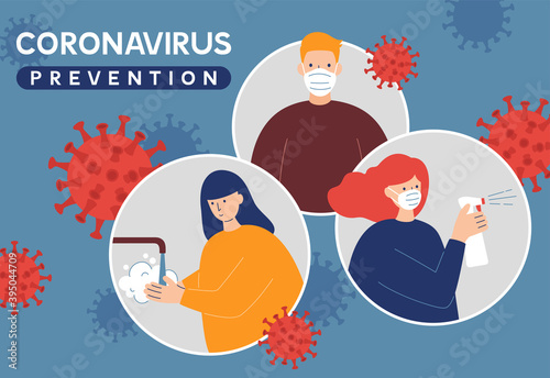 Coronavirus Covid-19 prevention instructions: wash hands, wearing face mask and sanitizing.