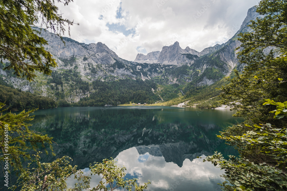 Hinterer Gosausee, beautiful lake in the middle of the nature, surrounded by mountains from Dachstein massif, Austrian Alps