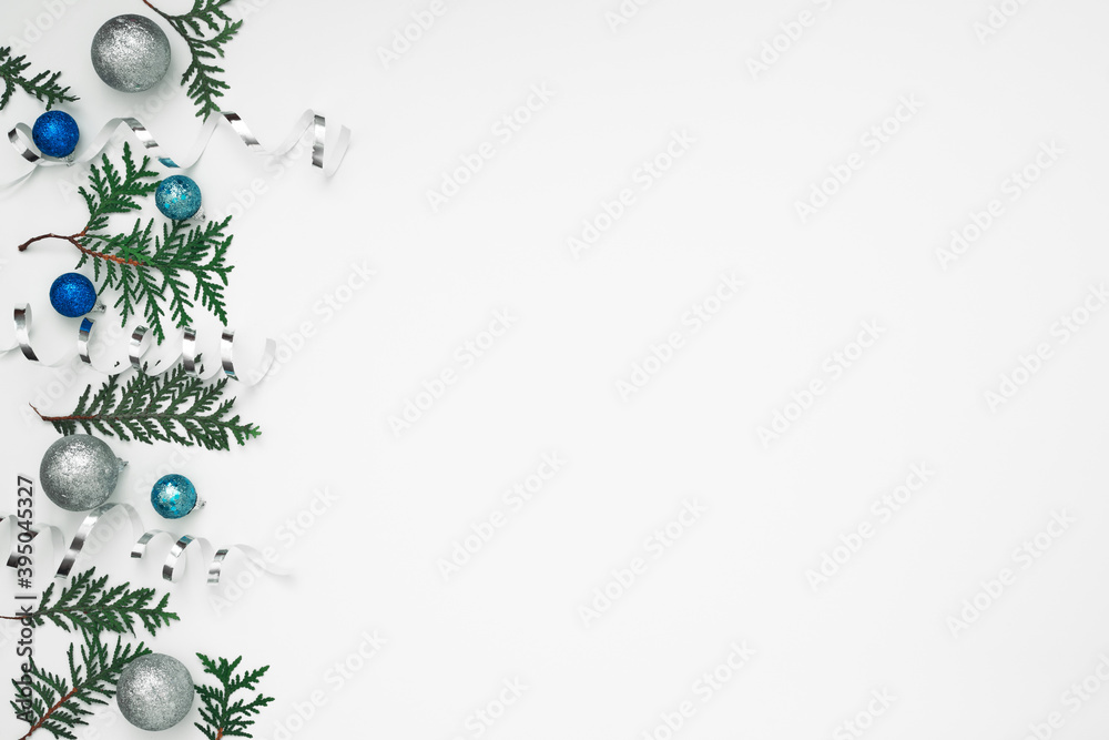 Thuja branches, spruce and New Year's decor. Copy space, flat lay, mock up, top view. Thuja branches, spruce and New Year's decor. Copy space, flat lay, mock up, top view.
