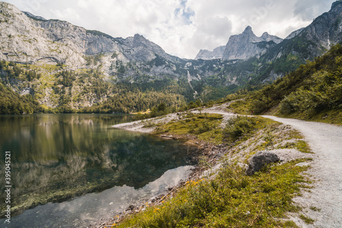 Hinterer Gosausee  beautiful lake in the middle of the nature  surrounded by mountains from Dachstein massif  Austrian Alps