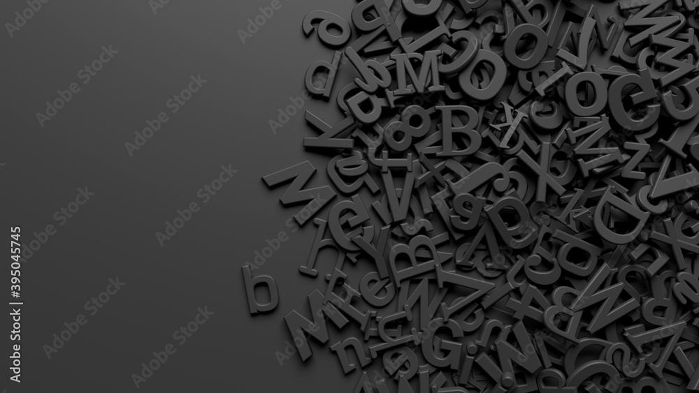 Rendering of 3D black alphabet letters over black background