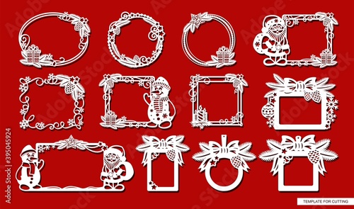 Set of Christmas frames. Decorative round, square borders of the New Year theme. Template for plotter laser cutting of paper, cardboard, plywood, wood carving, metal engraving. Vector illustration.