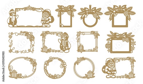 Set of Christmas frames. Decorative round, square borders with snowflakes, curls, branches of a Christmas tree, ribbons, candles, funny snowman, cute Santa Claus. New Year theme. Vector illustration.