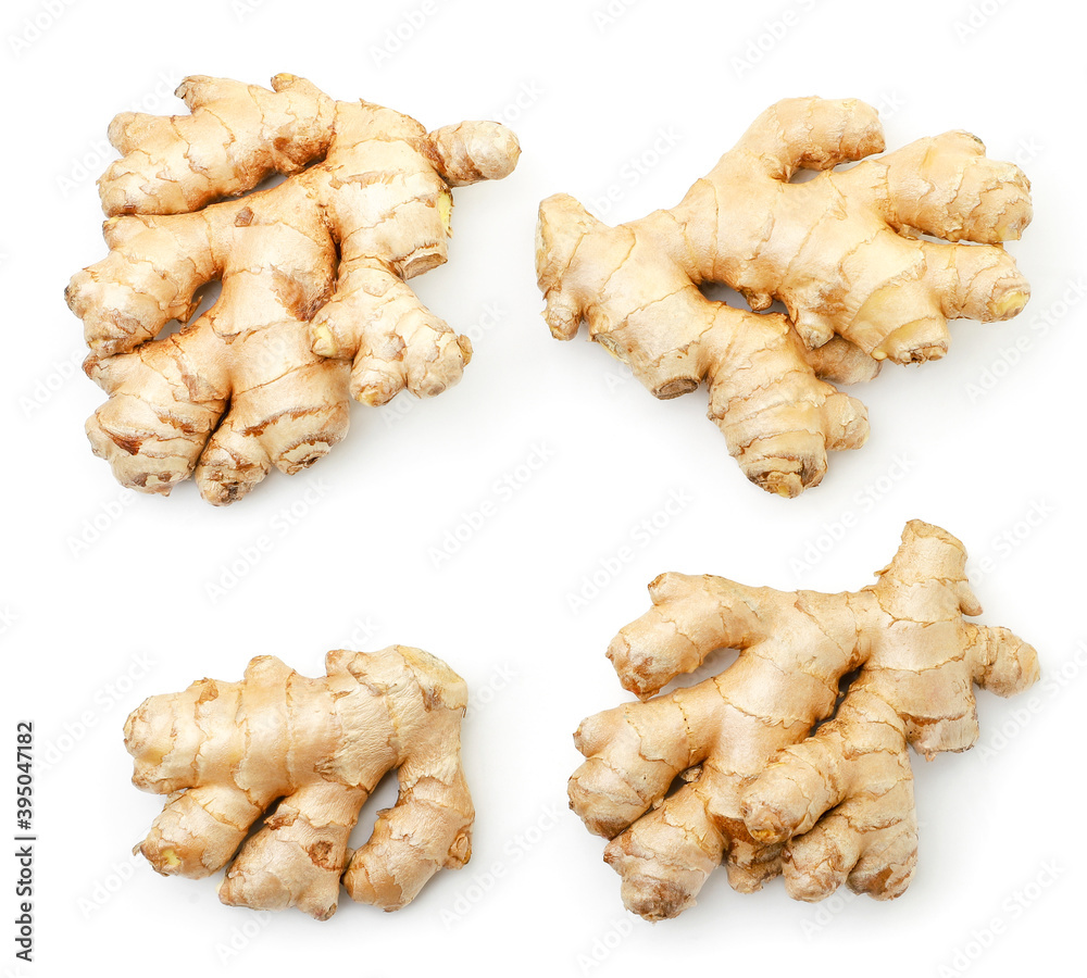 Ginger fresh and whole set on white background, isolated. The view from top