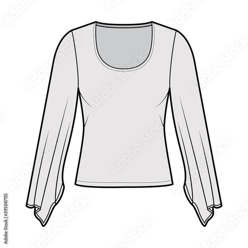 Top with Kimono long sleeves technical fashion illustration with slim fit, under waist length. Flat apparel blouse template front, grey color. Women men unisex shirt CAD mockup