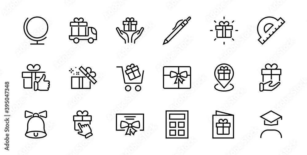 Gifts Linear Icons Set contains Gift Box, Gift Buying, Gift Delivery, Gift Geolocation mobile application, Gift notification, SMS. Editable Barcode, Vectar Icons Gifts Linear Icons Set contains Gift Box, Gift Buying, Gift Delivery, Gift Geolocation mobile application, Gift notification, SMS. Editable Barcode, Vectar Icons