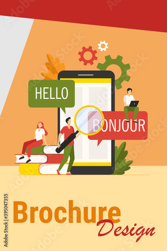 Translating app on mobile phone. People using online translation service, translating from English into French. Vector illustration for foreign language learning, online service, communication concept