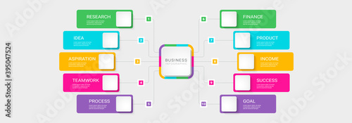 Modern 3D Infographic Template with 10 Steps. Business Process Chart with Options for Brochure, Diagram, Workflow, Timeline, Number Options. Vector EPS 10