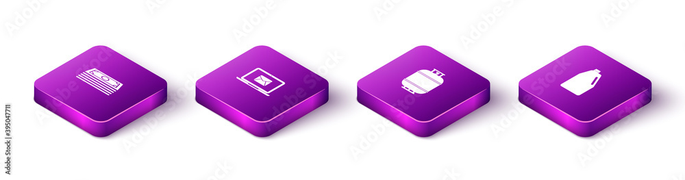 Set Isometric Stacks paper money cash, Laptop with envelope, Propane gas tank and Household chemicals bottle icon. Vector. Set Isometric Stacks paper money cash, Laptop with envelope, Propane gas tank and Household chemicals bottle icon. Vector.