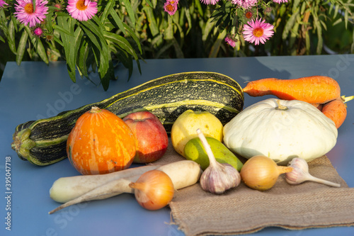 Fresh vegetables and fruit. Healthy food. Vegetarianism. Vitamins. Food concept. Squash and pumpkin