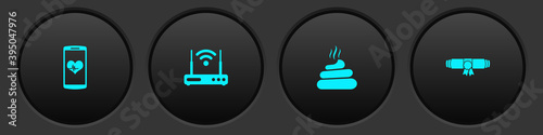 Set Smartphone with heart rate, Router and wi-fi, Shit and Diploma rolled scroll icon. Vector.