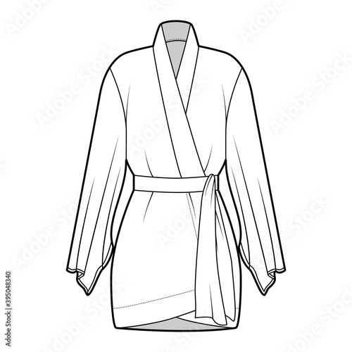 Kimono robe technical fashion illustration with long wide sleeves, belt to cinch the waist, above-the-knee length. Flat apparel blouse template front, white color. Women men unisex CAD shirt mockup