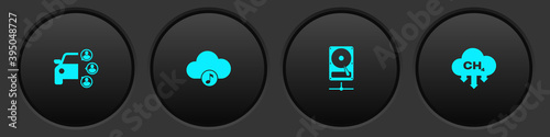 Set Car sharing, Music streaming service, Hard disk drive on network and Methane emissions reduction icon. Vector.