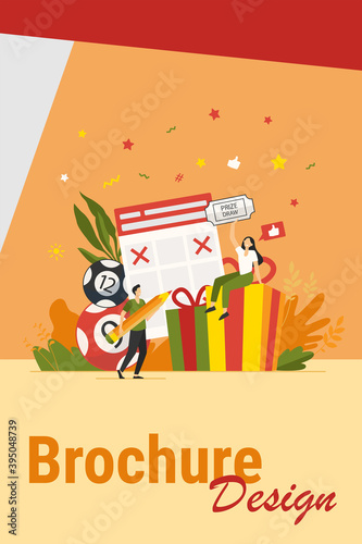 Prize draw concept. People winning lottery, getting gift box, drawing crosses on tickets, celebrating win. Vector illustration for lucky people, lottery winners, random draw topics
