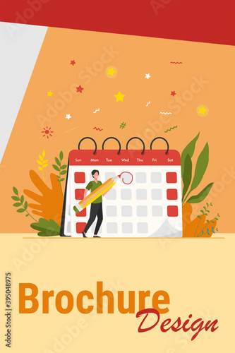 Employee marking deadline day. Man with pencil appointing date of event and making note in calendar. Vector illustration for schedule, agenda, time management concept