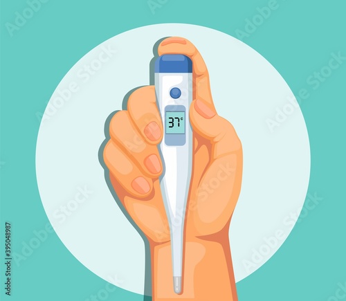Hand holding thermometer to check temperature body symbol concept in cartoon illustration vector