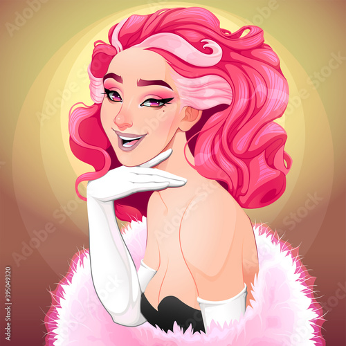 Portrait of a diva with pink hair. Vector fantasy illustration.
