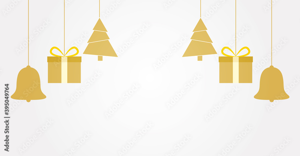 Postal de navidad con árbol de navidad, regalo y campana dorada.